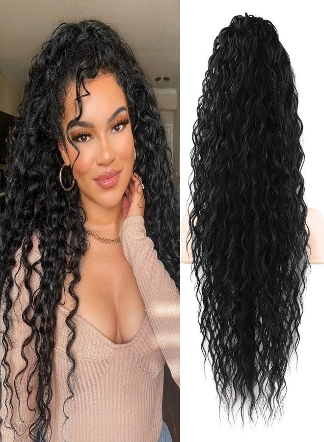 Flufymooz Ponytail Extension, 26 Inch Bohemian Style Drawstring Ponytail Hair Extensions for Women, Long Curly Wavy Pony Tail Natural Synthetic Hairpiece for Women (26 Inch Natural Black) - Image 1